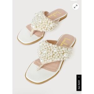 Lulus Bellea Beige Embellished Pearl Flat Thong Sandals Women's Size 5.5